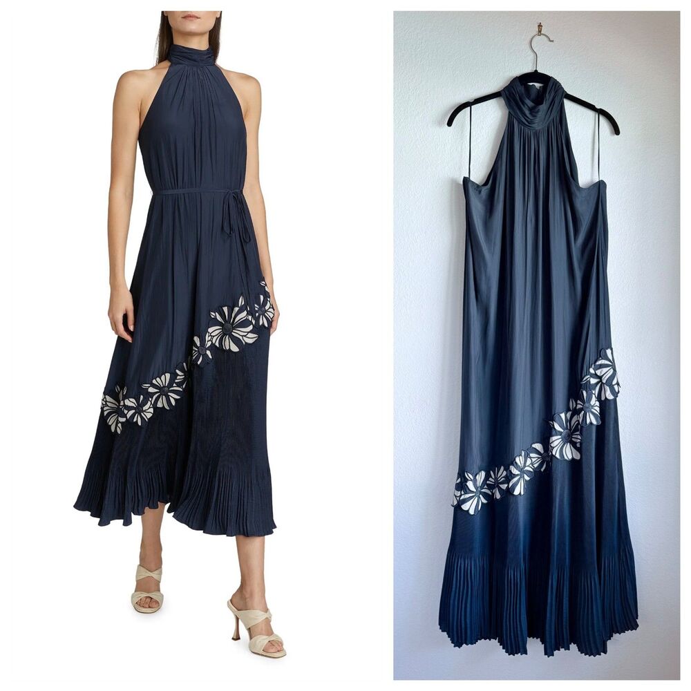 NWT Ramy Brook Eleah Flower Applique Halter Midi Dress in Navy Blue Size Large